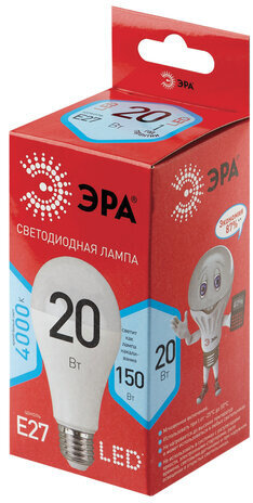 Лампа светодиодная ЭРА, 20(150)Вт, цоколь Е27, груша, нейтральный белый, 25000 ч, LED A65-20W-4000-E27, Б0049637