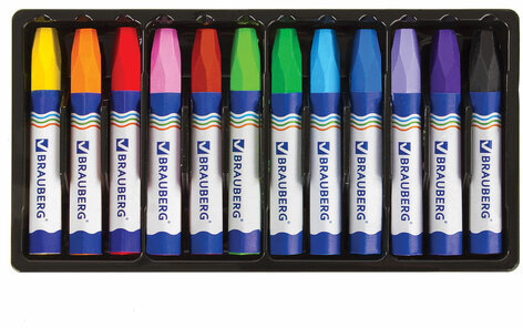 Восковые мелки утолщенные BRAUBERG, НАБОР 12 цветов, на масляной основе, яркие цвета, 222970
