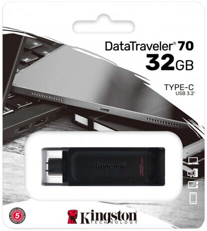 Флеш-диск 32GB KINGSTON DataTraveler 70, разъем Type-C 3.2, черный, DT70/32GB
