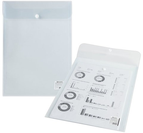 Папка-конверт с кнопкой BRAUBERG, вертикальная, А4, до 100 листов, прозрачная, 0,15 мм, 224978
