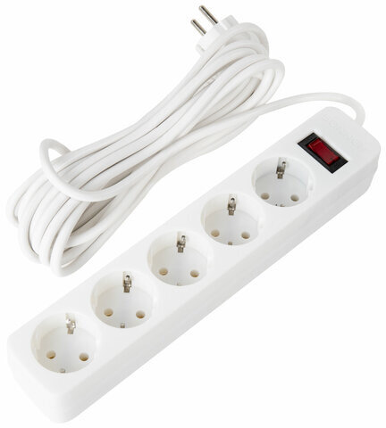 Сетевой фильтр SONNEN SPW-505, 5 розеток с заземлением, выключатель, 10 А, 5 м, белый, 513655