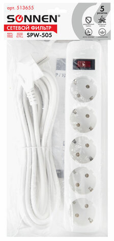 Сетевой фильтр SONNEN SPW-505, 5 розеток с заземлением, выключатель, 10 А, 5 м, белый, 513655