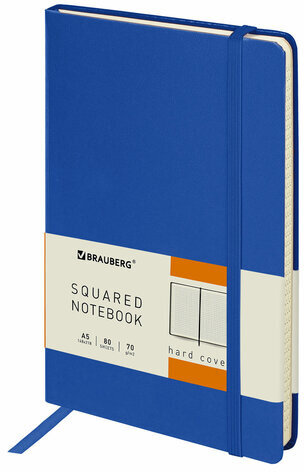 Блокнот А5 (148x218 мм), BRAUBERG "Metropolis", балакрон, 80 л., резинка, клетка, синий, 111582