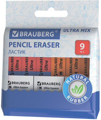 Ластики BRAUBERG "Ultra Mix" 9 шт., размер ластика 41х14х8 мм/29х18х8 мм, натуральный каучук, 229604