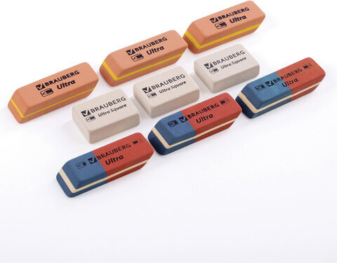 Ластики BRAUBERG "Ultra Mix" 9 шт., размер ластика 41х14х8 мм/29х18х8 мм, натуральный каучук, 229604