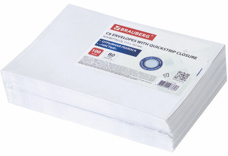 Конверты С6 (114х162 мм), отрывная лента, внутренняя запечатка, 80 г/м2, КОМПЛЕКТ 100 шт., BRAUBERG, 112190, С6НКРс(BRAUBERG