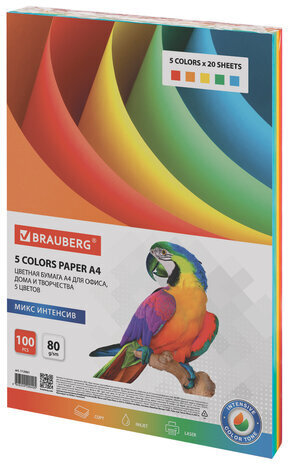 Бумага цветная BRAUBERG, А4, 80 г/м2, 100 л., (5 цветов х 20 л.), интенсив, для офисной техники, 112461