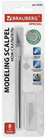 Нож макетный (скальпель) BRAUBERG "Special", 6 лезвий в комплекте, металлический корпус, блистер, 235405