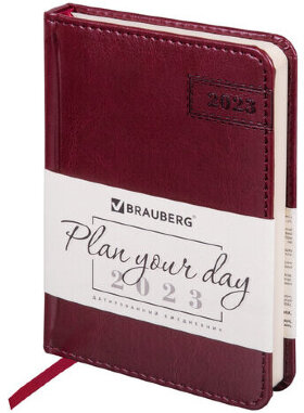 Ежедневник датированный 2023 МАЛЫЙ ФОРМАТ 100х150 мм А6, BRAUBERG "Imperial", под кожу, бордовый, 113922
