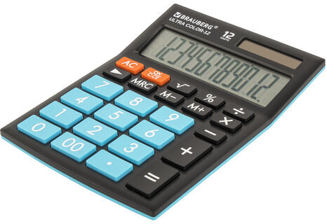 Калькулятор настольный BRAUBERG ULTRA COLOR-12-BKBU (192x143 мм), 12 разрядов, двойное питание, ЧЕРНО-ГОЛУБОЙ, 250497