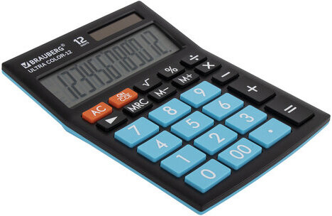 Калькулятор настольный BRAUBERG ULTRA COLOR-12-BKBU (192x143 мм), 12 разрядов, двойное питание, ЧЕРНО-ГОЛУБОЙ, 250497