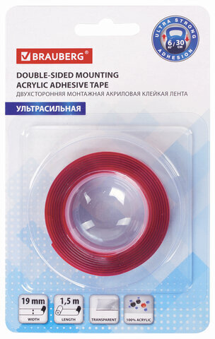 Монтажная прозрачная суперпрочная двухсторонняя лента 19 мм х 1,5 м, акриловая, 1 мм, BRAUBERG, 606423