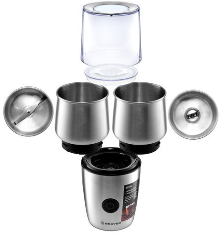 Кофемолка с капучинатором BRAYER BR1185, 200 Вт, вместимость 100 г, сталь