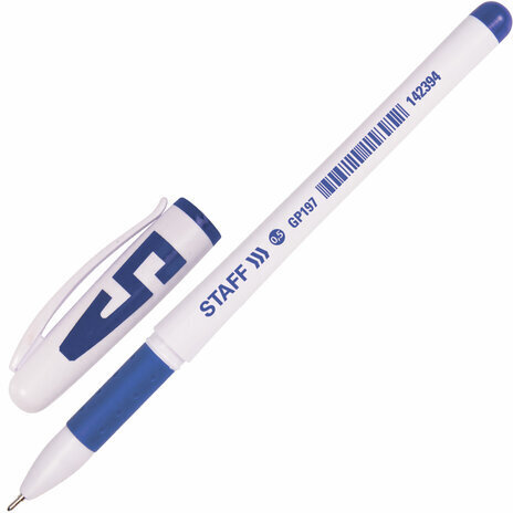 Ручка гелевая с грипом STAFF "Manager" GP-197, СИНЯЯ, корпус белый, игольчатый узел 0,5 мм, линия письма 0,35 мм, 142394