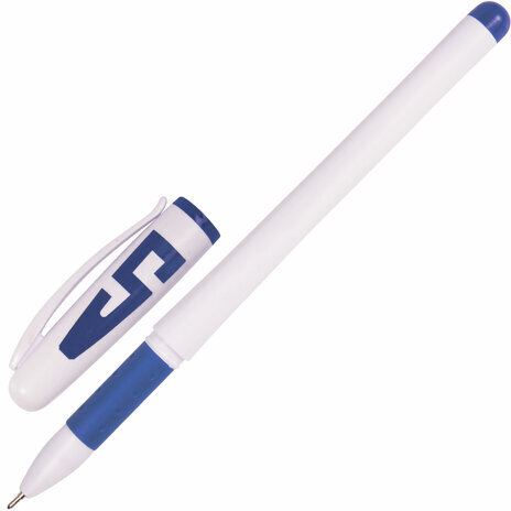 Ручка гелевая с грипом STAFF "Manager" GP-197, СИНЯЯ, корпус белый, игольчатый узел 0,5 мм, линия письма 0,35 мм, 142394