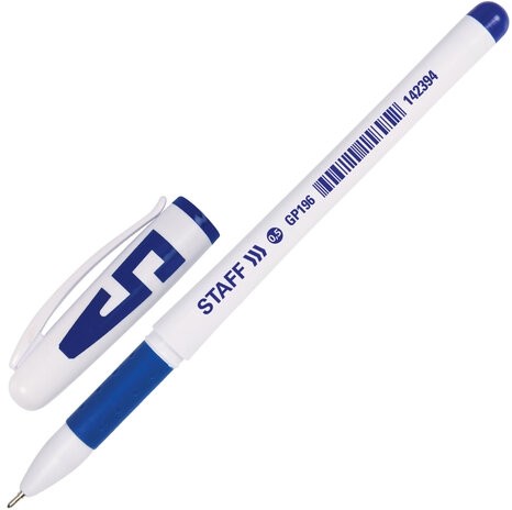 Ручка гелевая с грипом STAFF "Manager" GP-197, СИНЯЯ, корпус белый, игольчатый узел 0,5 мм, линия письма 0,35 мм, 142394
