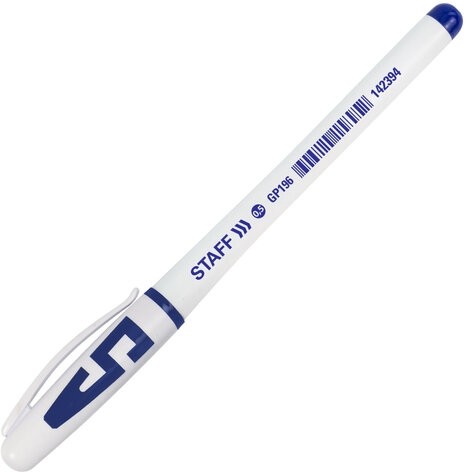 Ручка гелевая с грипом STAFF "Manager" GP-197, СИНЯЯ, корпус белый, игольчатый узел 0,5 мм, линия письма 0,35 мм, 142394