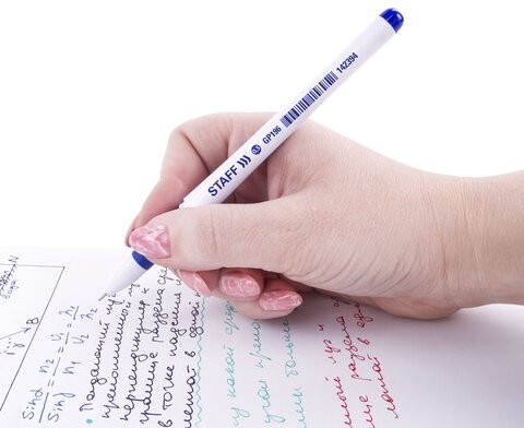 Ручка гелевая с грипом STAFF "Manager" GP-197, СИНЯЯ, корпус белый, игольчатый узел 0,5 мм, линия письма 0,35 мм, 142394