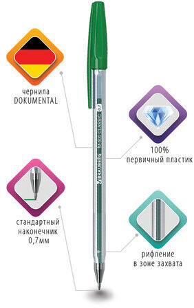 Ручка шариковая BRAUBERG "M-500 CLASSIC", ЗЕЛЕНАЯ, корпус прозрачный, узел 0,7 мм, линия письма 0,35 мм, 143447