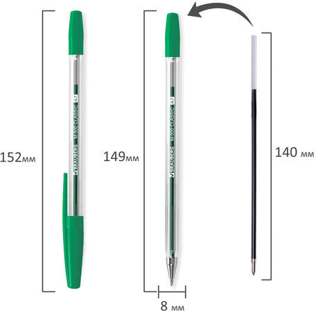 Ручка шариковая BRAUBERG "M-500 CLASSIC", ЗЕЛЕНАЯ, корпус прозрачный, узел 0,7 мм, линия письма 0,35 мм, 143447