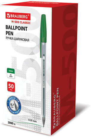 Ручка шариковая BRAUBERG "M-500 CLASSIC", ЗЕЛЕНАЯ, корпус прозрачный, узел 0,7 мм, линия письма 0,35 мм, 143447