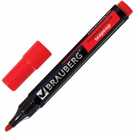Маркер перманентный (нестираемый) BRAUBERG "Contract", КРАСНЫЙ, круглый наконечник, 3 мм, без клипа, 150467