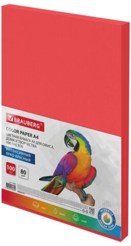 Бумага цветная BRAUBERG, А4, 80 г/м2, 100 л., интенсив, ЯРКО-КРАСНАЯ, для офисной техники, 116562