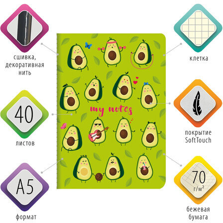 Тетрадь 40 л. в клетку обложка SoftTouch, бежевая бумага 70 г/м2, сшивка, А5 (147х210 мм), МИЛЫЕ АВОКАДО, BRAUBERG, 403770