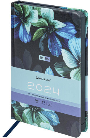 Ежедневник датированный 2024 А5 138x213 мм BRAUBERG "Vista", под кожу, твердый, Flowers, 114956