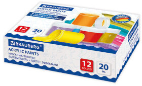 Краски акриловые для рисования и хобби BRAUBERG 12 цветов ассорти по 20 мл (6 базовые + 6 с эффектами), 191607