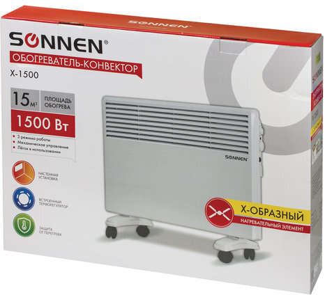 Обогреватель-конвектор SONNEN X-1500, 1500 Вт, напольная/настенная установка, белый, 453495