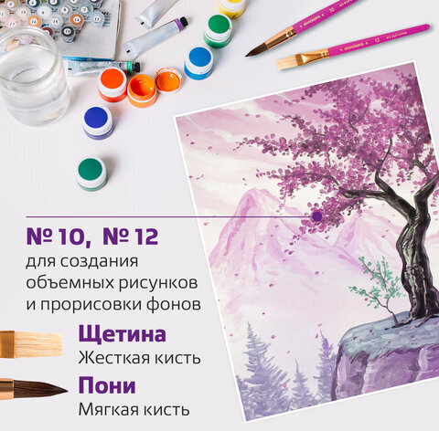 Кисти ЮНЛАНДИЯ, набор 2 шт. (ПОНИ: круглая № 10; ЩЕТИНА: плоская № 12), блистер с европодвесом, 200883