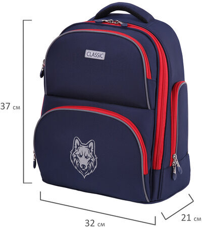 Рюкзак BRAUBERG CLASSIC, легкий каркас, премиум материал, "Wild wolf", синий, 37х32х21 см, 271393