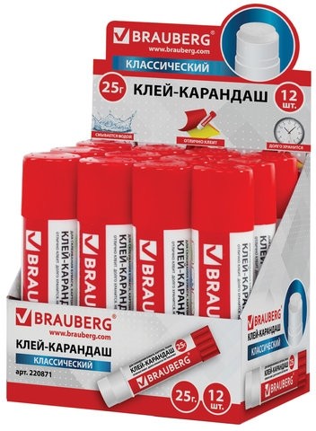 Клей-карандаш BRAUBERG, 25 г, 220871