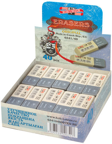 Ластик KOH-I-NOOR 6541/40, 57x19,5x8 мм, бело-серый, прямоугольный, скошенные края, натуральный каучук, 6541040007KDRU