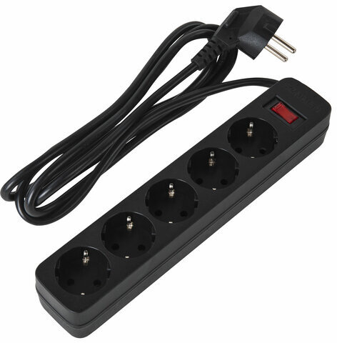 Сетевой фильтр SONNEN SPB-185, 5 розеток с заземлением, выключатель, 10 А, 1,8 м, черный, 513656