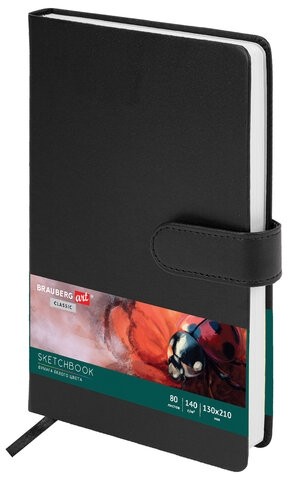 Скетчбук, белая бумага 140 г/м2 130х210 мм, 80 л., КОЖЗАМ, застежка, BRAUBERG ART CLASSIC, черный, 116461