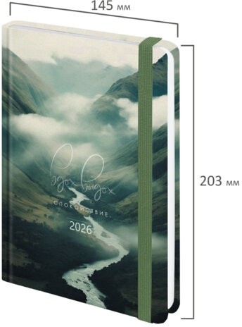 Ежедневник датированный 2026 с резинкой 145х203 мм, А5, BRAUBERG, твердый, "Спокойствие", 117343