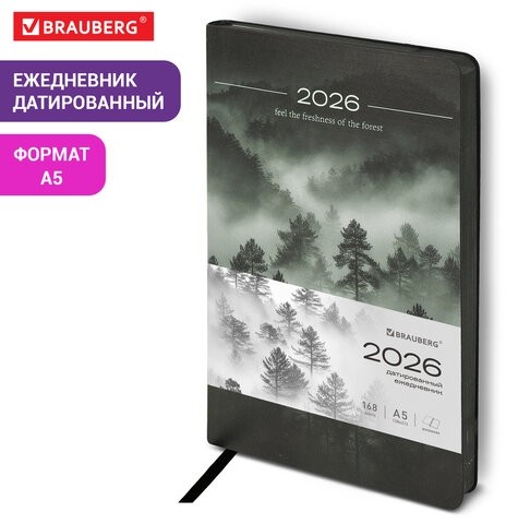 Ежедневник датированный 2026 А5 138x213 мм, BRAUBERG "Vista", под кожу, гибкий, "Mist", 117450