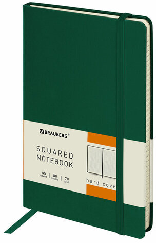 Блокнот А5 (148x218 мм), BRAUBERG "Metropolis", балакрон, 80 л., резинка, клетка, зеленый, 111583