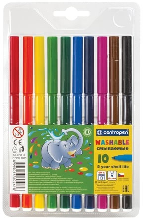 Фломастеры 10 ЦВЕТОВ CENTROPEN "Washable", смываемые, вентилируемый колпачок, 7790/10TP, 777901085