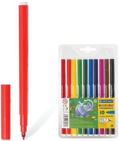 Фломастеры 10 ЦВЕТОВ CENTROPEN "Washable", смываемые, вентилируемый колпачок, 7790/10TP, 777901085