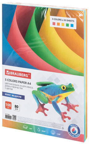 Бумага цветная BRAUBERG, А4, 80 г/м2, 100 л., (5 цветов х 20 л.), медиум, для офисной техники, 112462