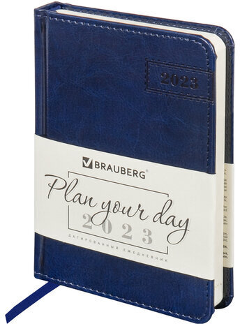 Ежедневник датированный 2023 МАЛЫЙ ФОРМАТ 100х150 мм А6, BRAUBERG "Imperial", под кожу, синий, 113923