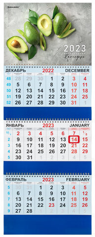 Календарь квартальный на 2023 г., 3 блока, 3 гребня, с бегунком, мелованная бумага, "AVOCADO", BRAUBERG, 114258