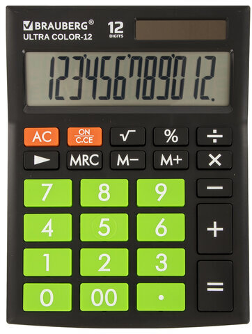 Калькулятор настольный BRAUBERG ULTRA COLOR-12-BKLG (192x143 мм), 12 разрядов, двойное питание, ЧЕРНО-САЛАТОВЫЙ, 250498