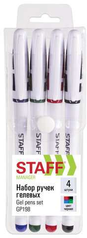 Ручки гелевые с грипом STAFF "Manager" GP-198, НАБОР 4 ЦВЕТА, корпус белый, узел 0,5 мм, 142395