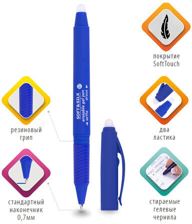 Ручка стираемая гелевая с грипом BRAUBERG "SOFT&SILK", СИНЯЯ, узел 0,7 мм, линия письма 0,5 мм, 143253