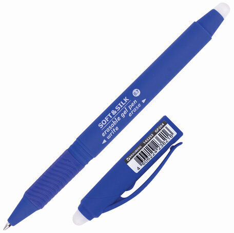 Ручка стираемая гелевая с грипом BRAUBERG "SOFT&SILK", СИНЯЯ, узел 0,7 мм, линия письма 0,5 мм, 143253
