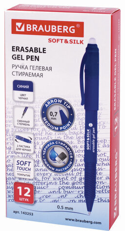 Ручка стираемая гелевая с грипом BRAUBERG "SOFT&SILK", СИНЯЯ, узел 0,7 мм, линия письма 0,5 мм, 143253